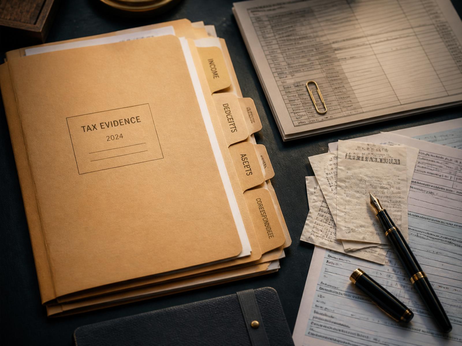 Organized tax evidence folders, schedules and receipts laid out on a desk